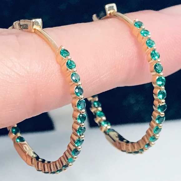 Lab Emerald Inside Out Hoop Earrings - Picture 4 of 11